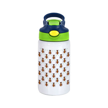 Bee, Children's hot water bottle, stainless steel, with safety straw, green, blue (350ml)