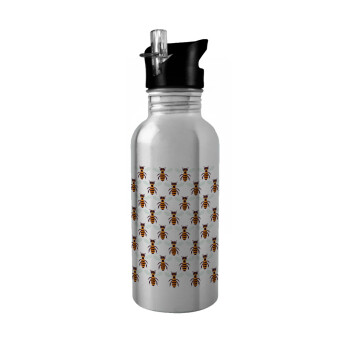 Bee, Water bottle Silver with straw, stainless steel 600ml
