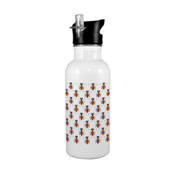 Bee, White water bottle with straw, stainless steel 600ml