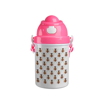 Μελισσούλες, Ροζ παιδικό παγούρι πλαστικό (BPA-FREE) με καπάκι ασφαλείας, κορδόνι και καλαμάκι, 400ml