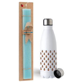 Bee, Easter Set, metallic stainless steel water bottle (750ml) & aromatic flat Easter candle (30cm) (TURQUOISE)