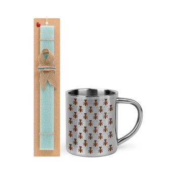 Bee, Easter Set, metallic thermal cup (300ml) & aromatic flat Easter candle (30cm) (TURQUOISE)