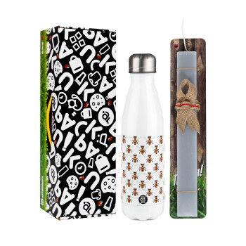 Bee, Easter candle, metallic white thermos bottle (500ml) & aromatic flat candle (30cm) (GRAY)