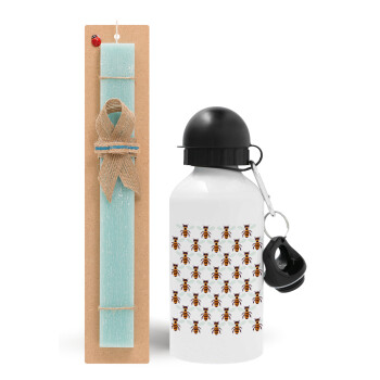 Bee, Easter Set, metallic aluminum water bottle (500ml) & scented flat candle (30cm) (TURQUOISE)