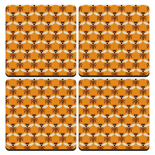 Bee — Set of 4 square wooden coasters (9cm)