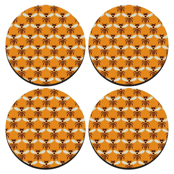 Bee — SET of 4 round wooden coasters (9cm)