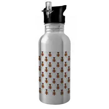Bee, Water bottle Silver with straw, stainless steel 600ml