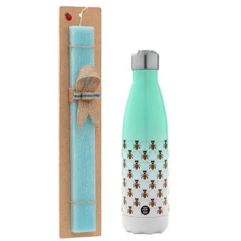 Bee, Easter Set, Metallic green/white thermos (Stainless steel), double-walled, 500ml & scented flat Easter candle (30cm) (TURQUOISE)