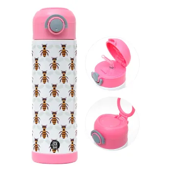 Bee, Children's hot water bottle, stainless steel, with safety straw, PINK (500ml)