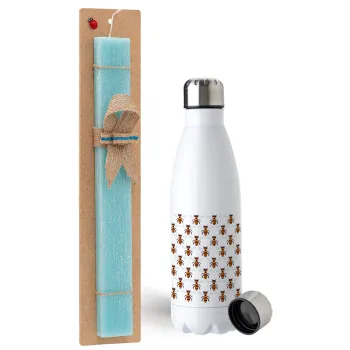Bee, Easter Set, metallic stainless steel water bottle (750ml) & aromatic flat Easter candle (30cm) (TURQUOISE)