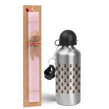 Bee, Easter Set, metallic Silver aluminum water bottle (500ml) & scented flat Easter candle (30cm) (PINK)