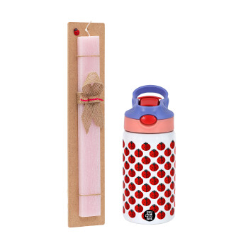 Coccinella, Easter Set, Children's thermal stainless steel water bottle with safety straw, pink/purple (350ml) & Easter scented flat candle (30cm) (PINK)