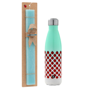 Coccinella, Easter Set, Metallic green/white thermos (Stainless steel), double-walled, 500ml & scented flat Easter candle (30cm) (TURQUOISE)