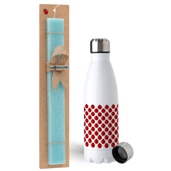 Coccinella, Easter Set, metallic stainless steel water bottle (750ml) & aromatic flat Easter candle (30cm) (TURQUOISE)