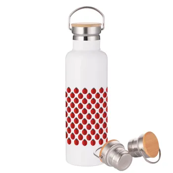 Πασχαλίτσα, Μεταλλικό παγούρι θερμός (Stainless steel) Λευκό με ξύλινο καπάκι (bamboo), διπλού τοιχώματος, 750ml