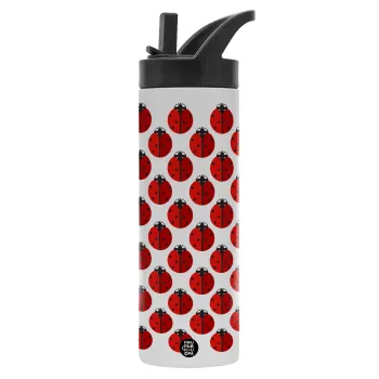 Coccinella, Metallic thermos bottle with straw & handle, stainless steel (Stainless steel 304), double-walled, 600ml.