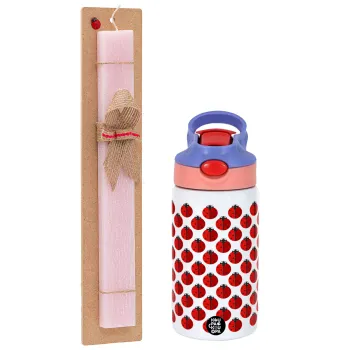 Coccinella, Easter Set, Children's thermal stainless steel water bottle with safety straw, pink/purple (350ml) & Easter scented flat candle (30cm) (PINK)