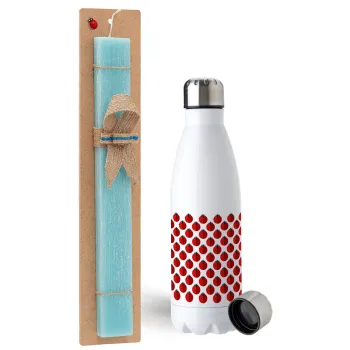 Coccinella, Easter Set, metallic stainless steel water bottle (750ml) & aromatic flat Easter candle (30cm) (TURQUOISE)