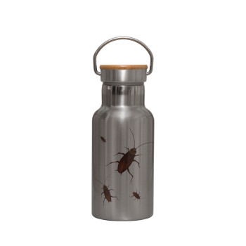 Blattodea, Stainless steel metallic thermos flask, silver with a bamboo lid, double-walled, 350ml.