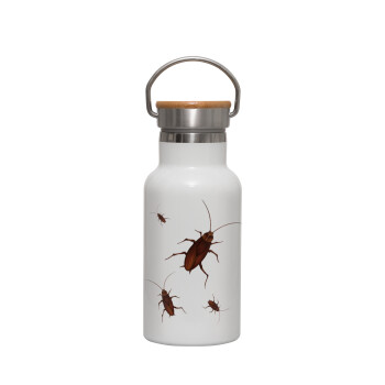 Blattodea, Metallic thermos (Stainless steel) White with wooden lid (bamboo), double-walled, 350ml