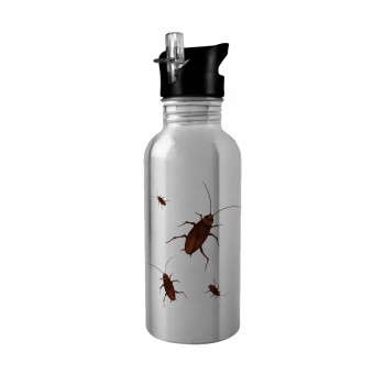 Blattodea, Water bottle Silver with straw, stainless steel 600ml