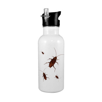 Blattodea, White water bottle with straw, stainless steel 600ml