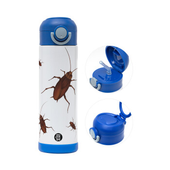 Blattodea, Children's hot water bottle, stainless steel, with safety straw, BLUE (500ml)