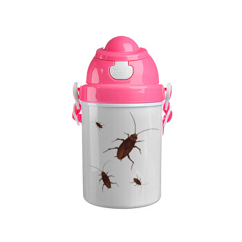 Κατσαρίδα, Ροζ παιδικό παγούρι πλαστικό (BPA-FREE) με καπάκι ασφαλείας, κορδόνι και καλαμάκι, 400ml