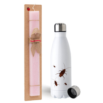 Blattodea, Easter Set, metallic stainless steel water bottle (750ml) & scented flat Easter candle (30cm) (PINK)