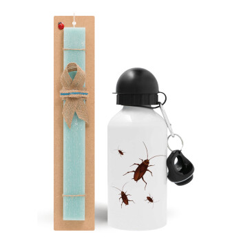 Blattodea, Easter Set, metallic aluminum water bottle (500ml) & scented flat candle (30cm) (TURQUOISE)