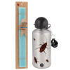 Easter Set, metallic silver aluminum water bottle (500ml) & scented flat Easter candle (30cm) (TURQUOISE)
