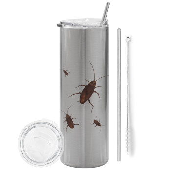 Blattodea, Eco friendly stainless steel Silver tumbler 600ml, with metal straw & cleaning brush