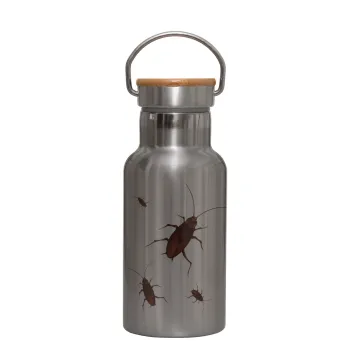 Blattodea, Stainless steel metallic thermos flask, silver with a bamboo lid, double-walled, 350ml.