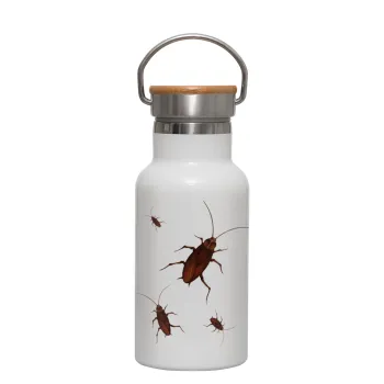 Blattodea, Metallic thermos (Stainless steel) White with wooden lid (bamboo), double-walled, 350ml
