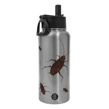 Κατσαρίδα, Μεταλλικό παγούρι θερμός Silver με καλαμάκι και χερούλι (Stainless steel), διπλού τοιχώματος, 950ml