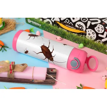 Κατσαρίδα, Πασχαλινή Λαμπάδα με Παιδικό παγούρι θερμό, ανοξείδωτο, με καλαμάκι ασφαλείας, ΡΟΖ (500ml)