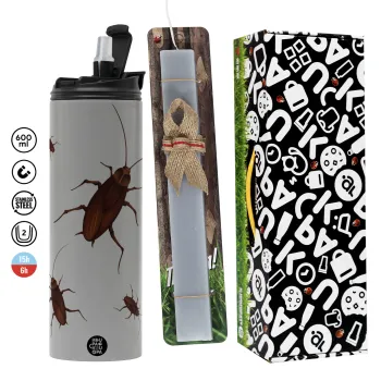 Κατσαρίδα, Πασχαλινή Λαμπάδα με Travel Tumbler θερμό (600ml, BPA free) & κερί αρωματικό πλακέ (30cm) (ΓΚΡΙ)
