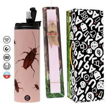 Κατσαρίδα, Πασχαλινή Λαμπάδα με  ΡΟΖ Travel Tumbler θερμό (600ml, BPA free) & κερί αρωματικό πλακέ (30cm) (ΡΟΖ)