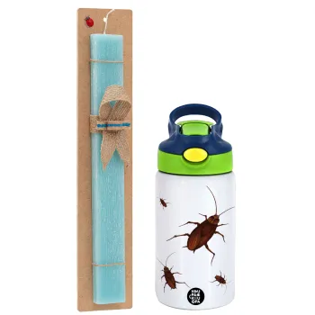 Blattodea, Easter Set, Children's thermal stainless steel bottle with safety straw, green/blue (350ml) & aromatic flat Easter candle (30cm) (TURQUOISE)