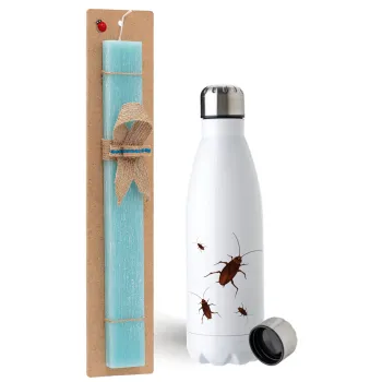 Blattodea, Easter Set, metallic stainless steel water bottle (750ml) & aromatic flat Easter candle (30cm) (TURQUOISE)