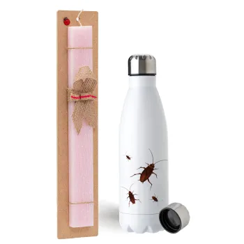 Blattodea, Easter Set, metallic stainless steel water bottle (750ml) & scented flat Easter candle (30cm) (PINK)