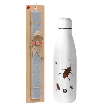 Blattodea, Easter Set, metallic stainless thermos bottle (500ml) & scented flat Easter candle (30cm) (GRAY)