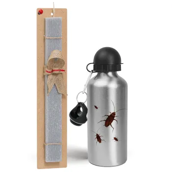 Κατσαρίδα, Πασχαλινή Λαμπάδα με παγούρι μεταλλικό Ασημένιο αλουμινίου (500ml) & κερί αρωματικό πλακέ (30cm) (ΓΚΡΙ)