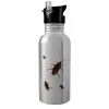 Water bottle Silver with straw, stainless steel 600ml