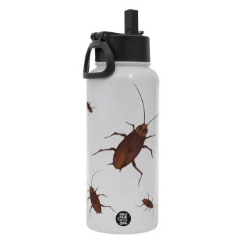 Blattodea, Metal mug thermo White with Straw and Spout Lid (Stainless steel), double wall, 950ml