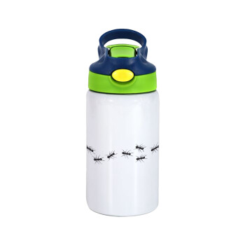 Ants, Children's hot water bottle, stainless steel, with safety straw, green, blue (350ml)