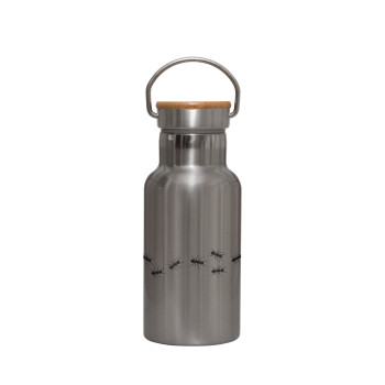 Ants, Stainless steel metallic thermos flask, silver with a bamboo lid, double-walled, 350ml.