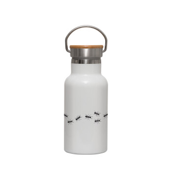 Ants, Metallic thermos (Stainless steel) White with wooden lid (bamboo), double-walled, 350ml