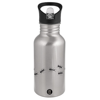 Ants, Water bottle Silver with straw, stainless steel 500ml