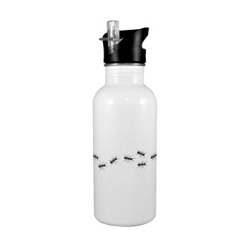 Ants, White water bottle with straw, stainless steel 600ml